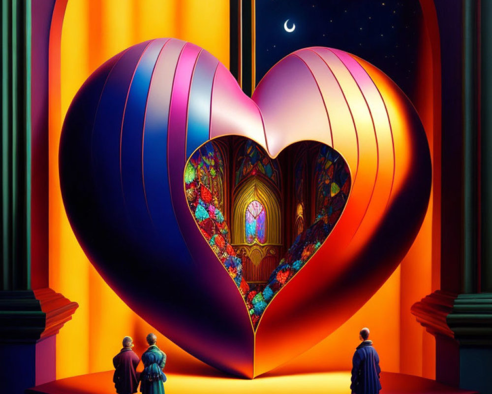 Heart-shaped surreal structure with stained glass cathedral interior under starry sky.