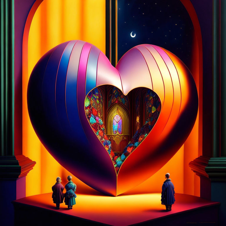 Heart-shaped surreal structure with stained glass cathedral interior under starry sky.