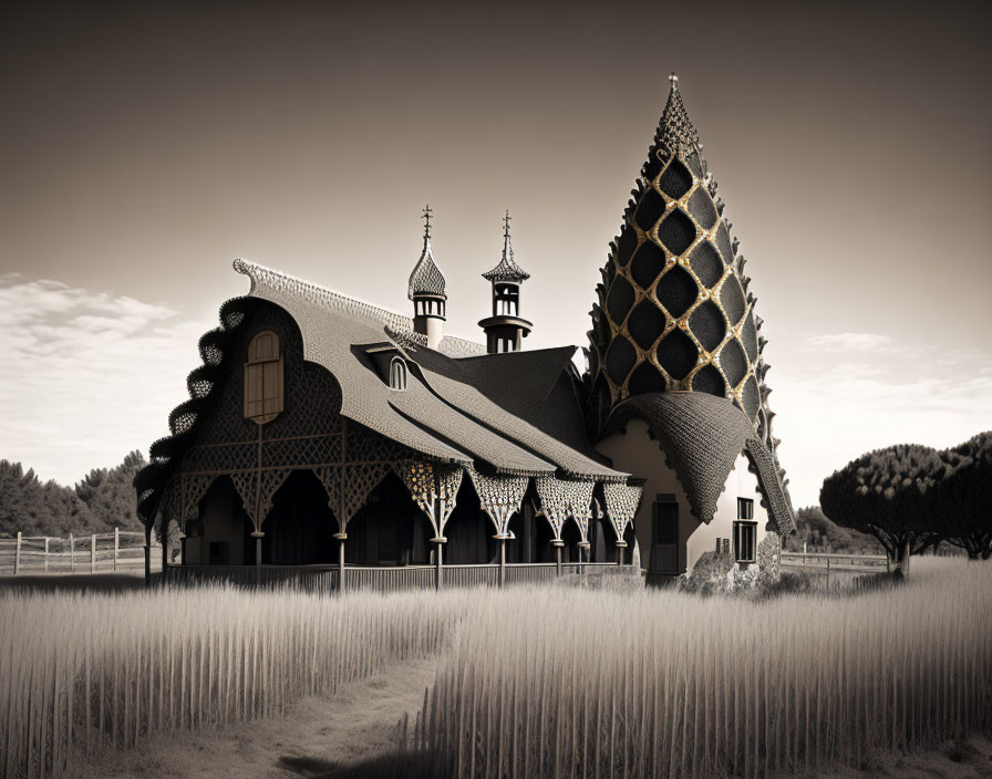 Sepia-tone whimsical building with spired towers in tall grass