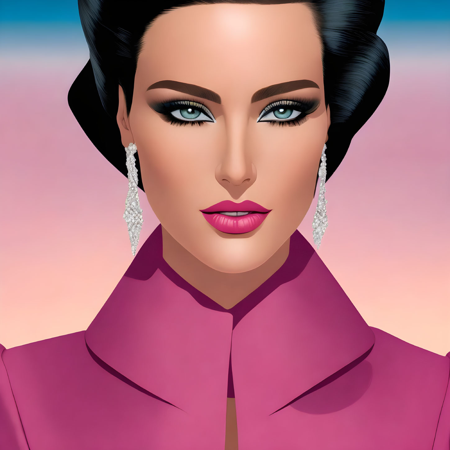 Portrait of woman with elegant makeup and diamond earrings on pink and blue gradient background