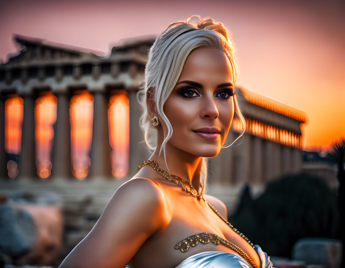 Blonde woman in updo with golden accessories at ancient temple sunset