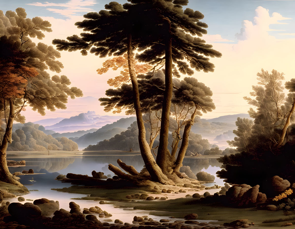 Tranquil landscape painting: serene lake, towering trees, softly lit mountains