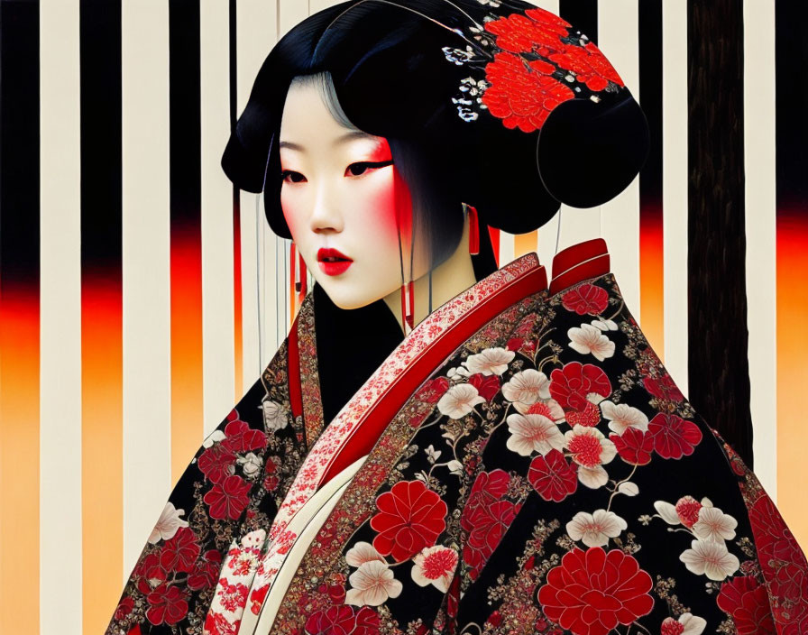 Digital Artwork: Geisha Woman in Traditional Attire with Dramatic Makeup