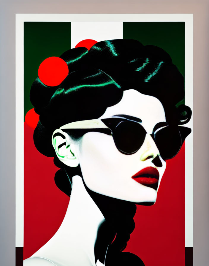 Stylized portrait of woman with dark hair, red lipstick, sunglasses, against red and green geometric