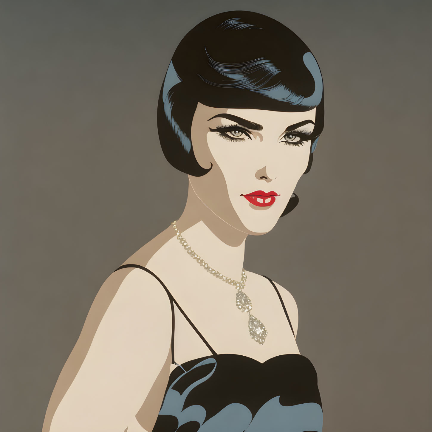 Vintage-inspired Woman Illustration with Red Lipstick & Pearl Necklace