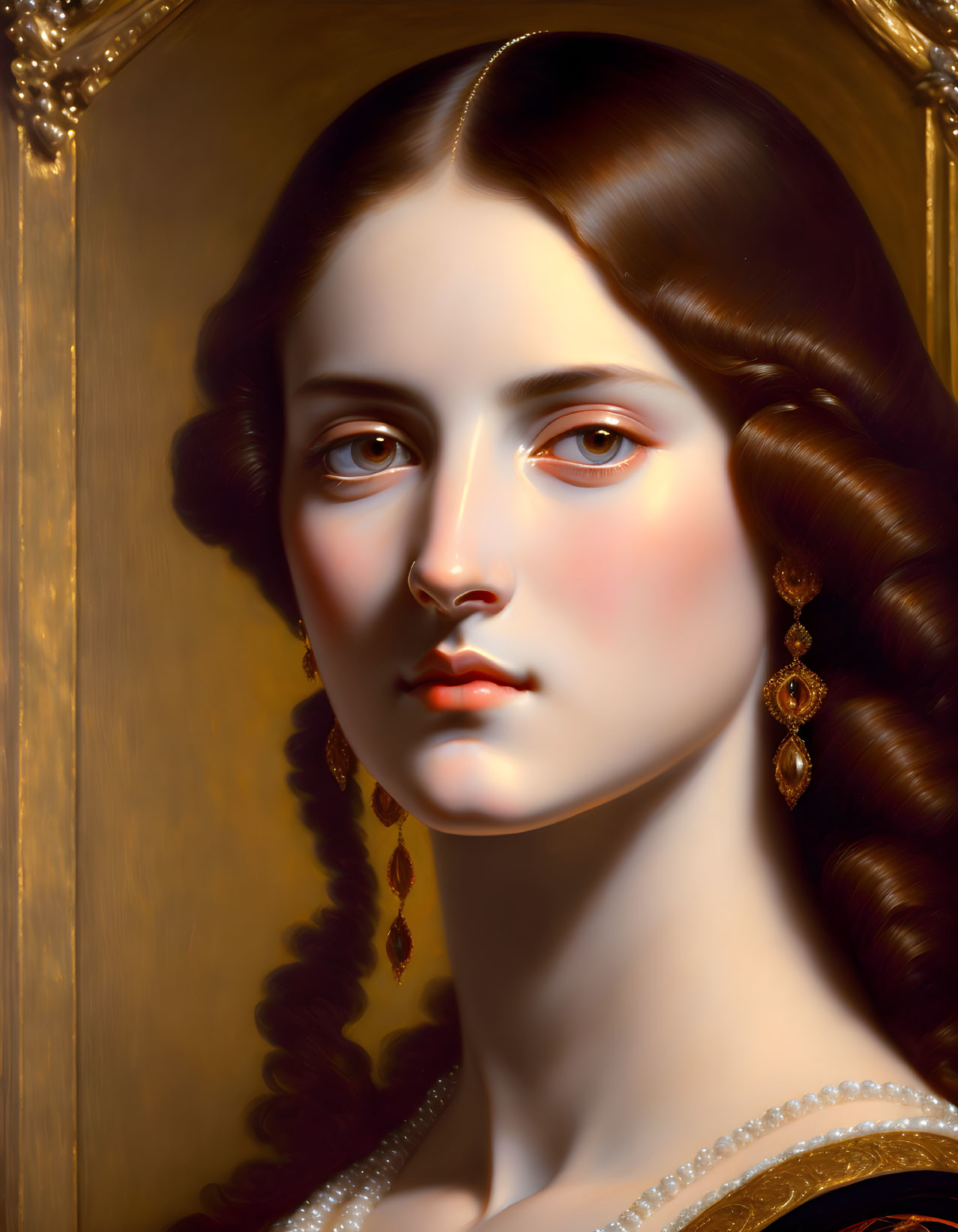 Classic Portrait of Woman with Dark Hair and Pearls in Soft Lighting