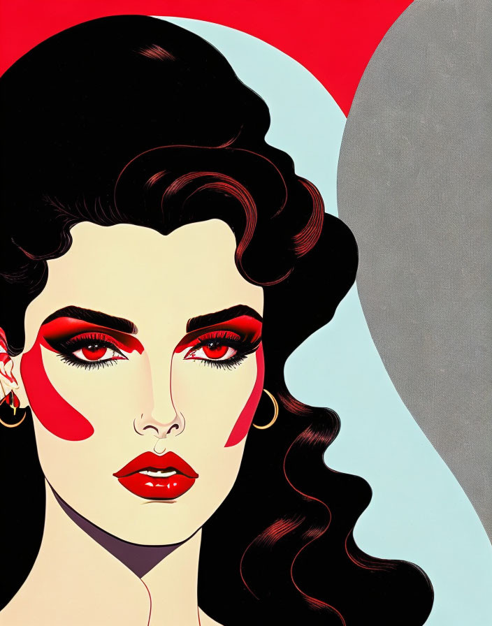 Bold Red and Grey Pop Art Portrait of Woman with Dramatic Makeup