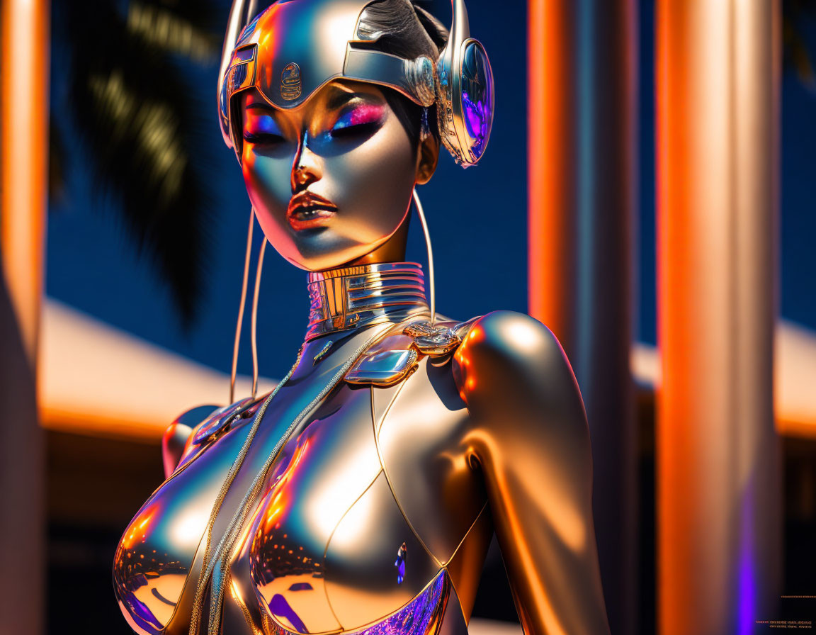 Reflective female robot in headset on neon-lit tropical background