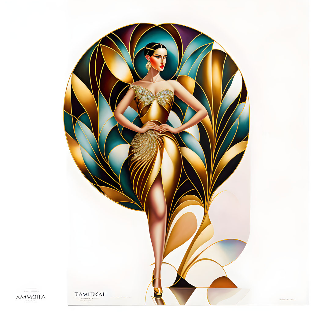 Art Deco Style Woman Illustration in Elegant Gold Gown