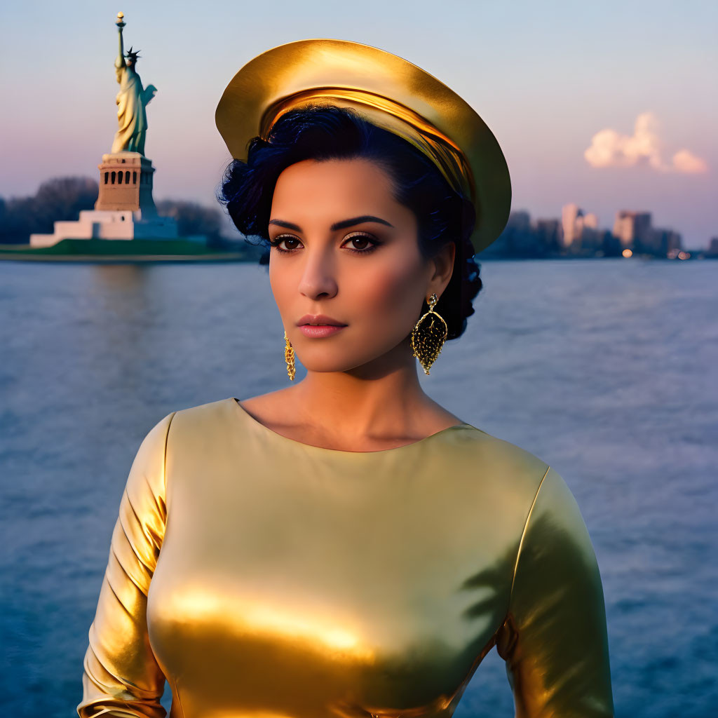 Woman in golden outfit poses with Statue of Liberty at dusk