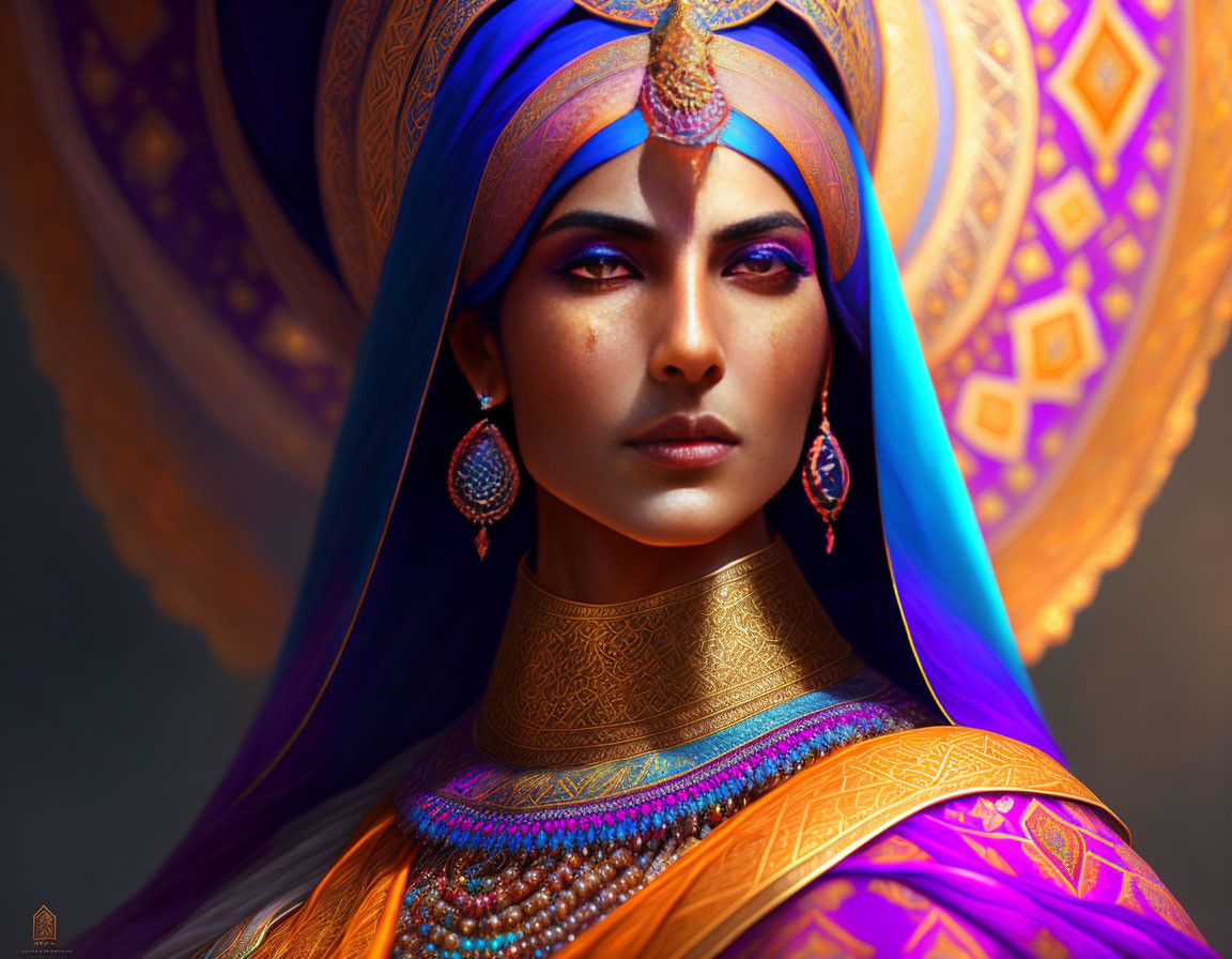 Vibrant blue and gold attire on regal woman portrait