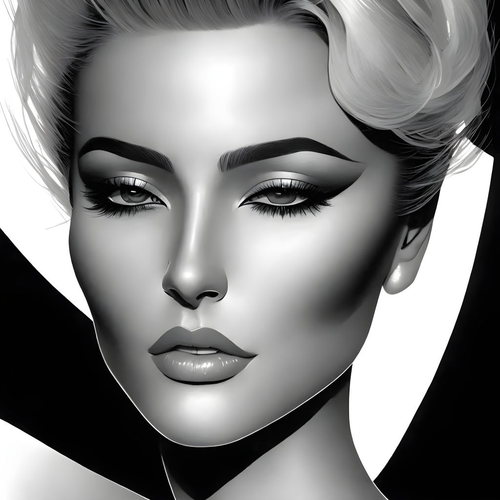 Monochrome portrait of stylized woman with makeup and short hair