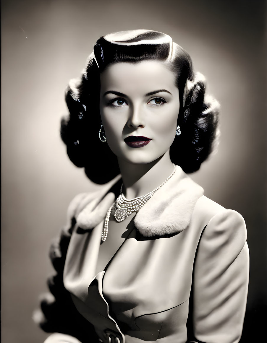 Vintage portrait of elegant woman with pearl necklace and fur-lined coat