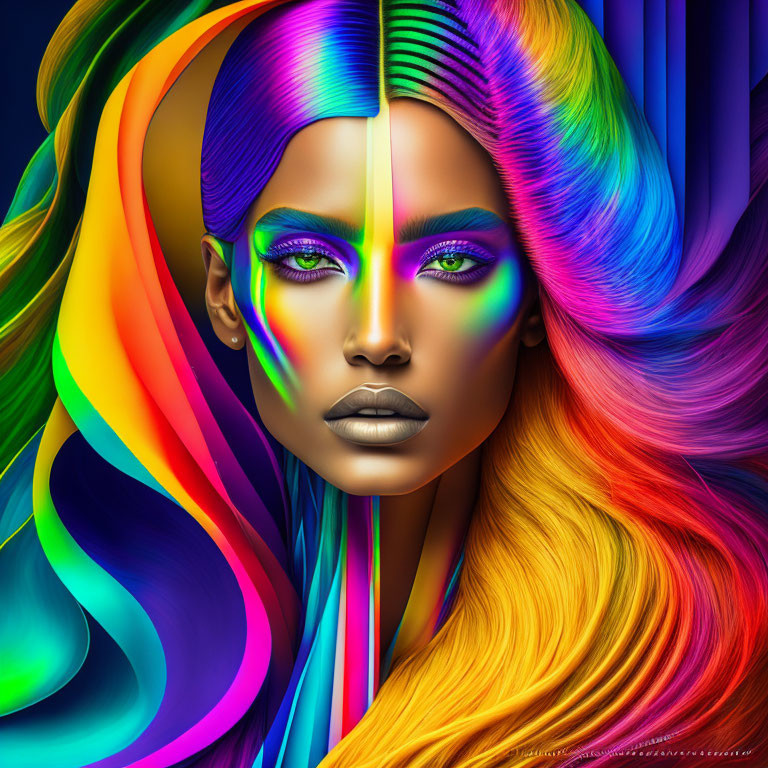 Colorful digital artwork of a woman with rainbow hair and makeup on dark backdrop