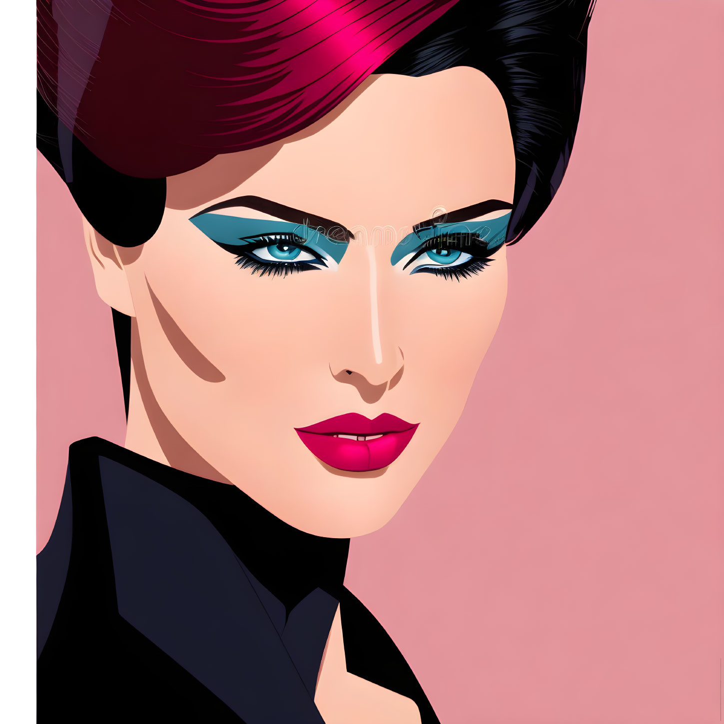 Illustration of Woman with Striking Blue Eyes and Bold Eyeliner on Pink Background