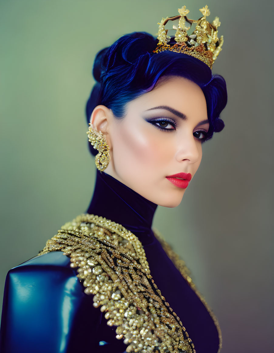 Regal woman with jeweled crown and gold accessories exudes elegance.