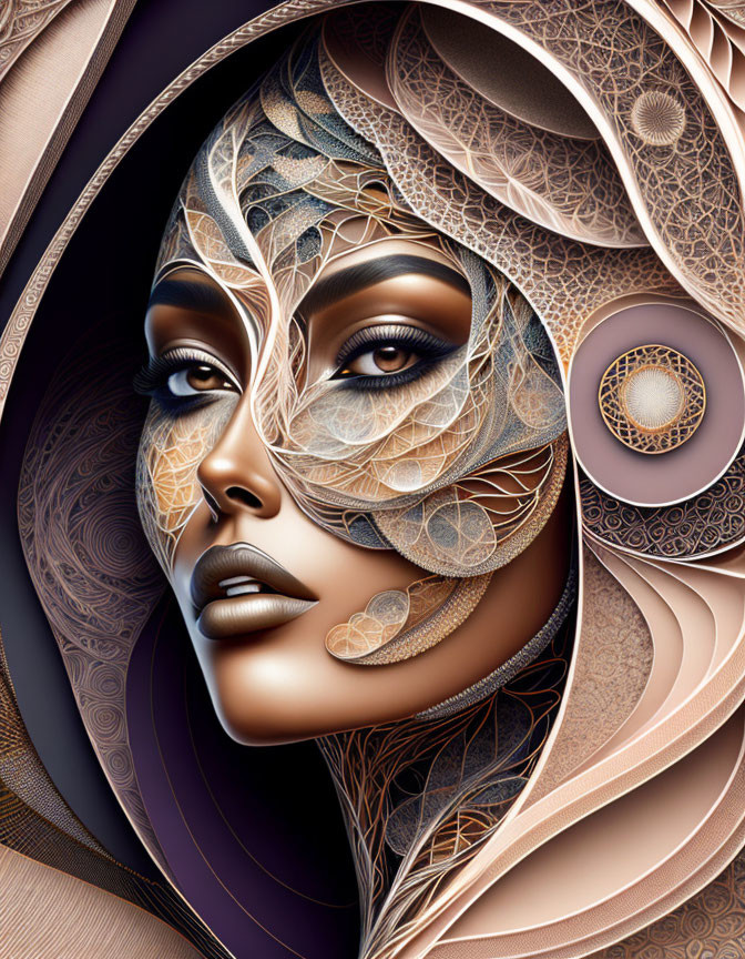 Stylized digital artwork of woman with golden patterns on dark background