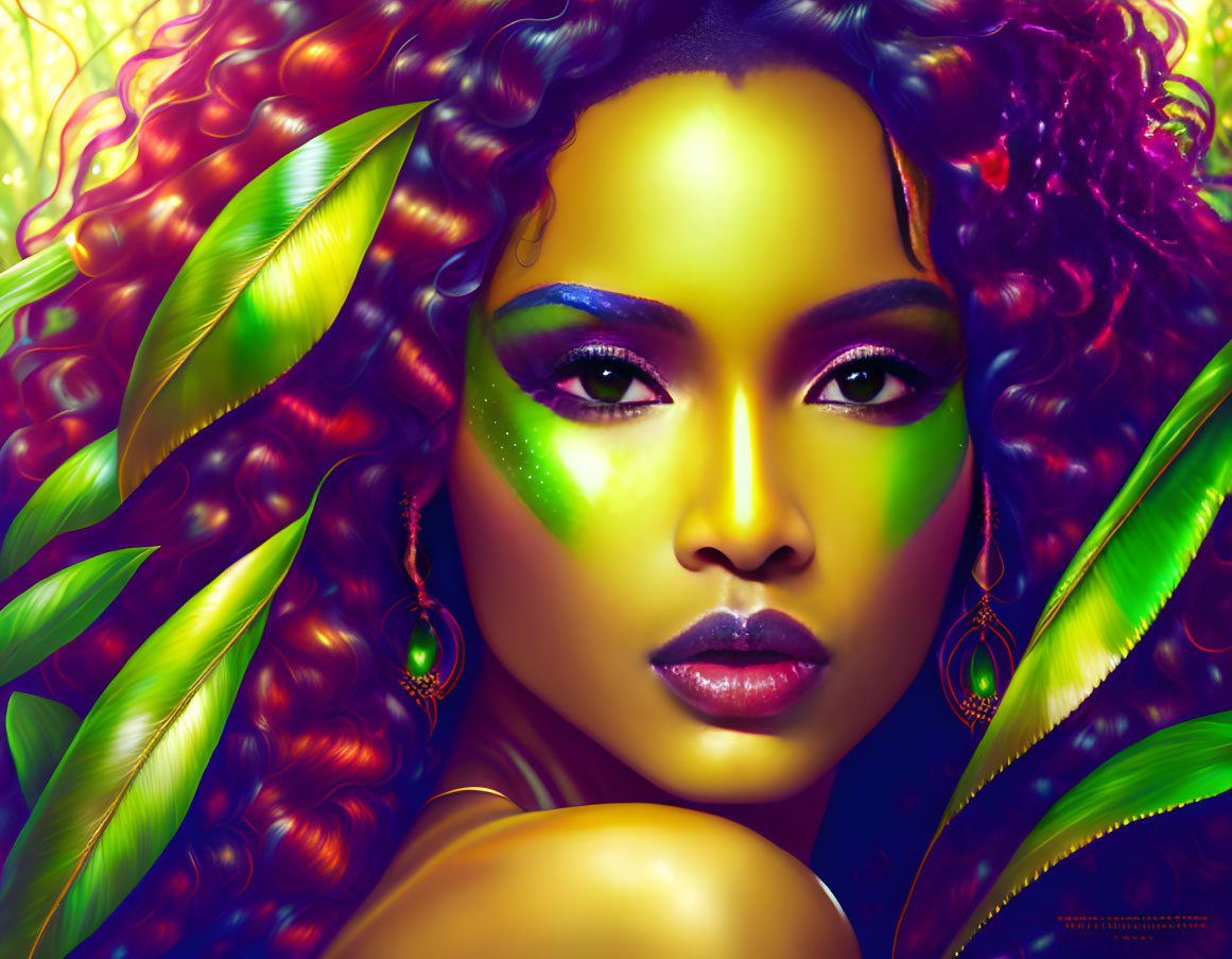 Vibrant digital portrait of a woman with green eye makeup and nature jewelry