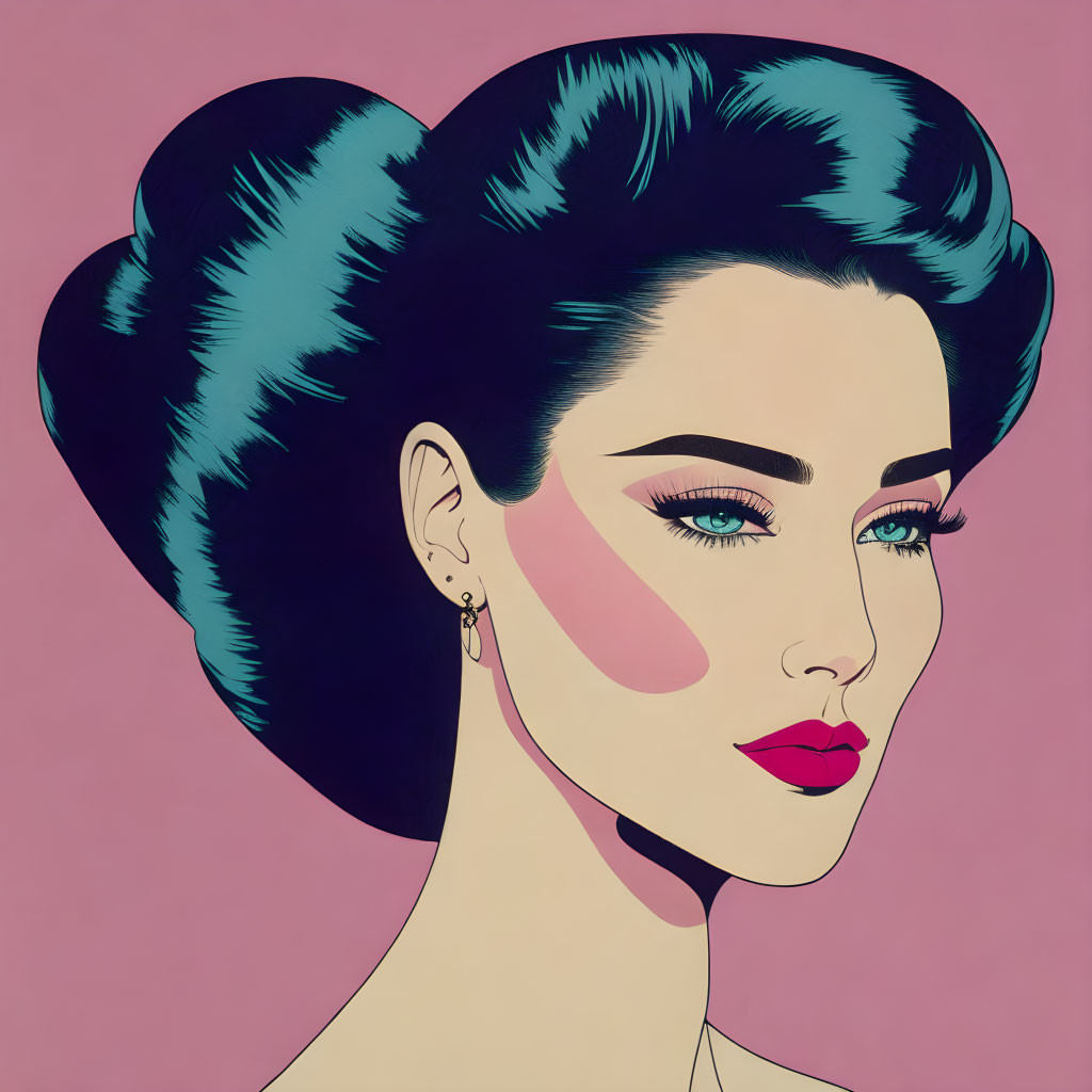 Woman with Blue Hair and Pink Blush in Pop Art Style