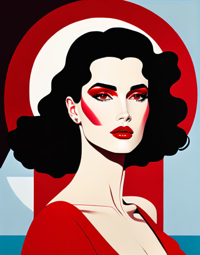 Vibrant woman illustration with bold red makeup and curly hair