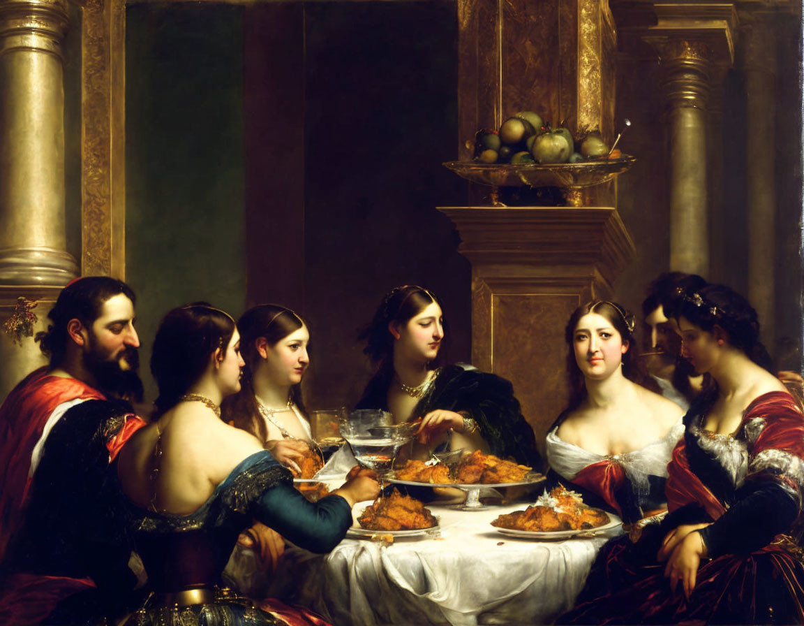 Renaissance painting of seven people at banquet table