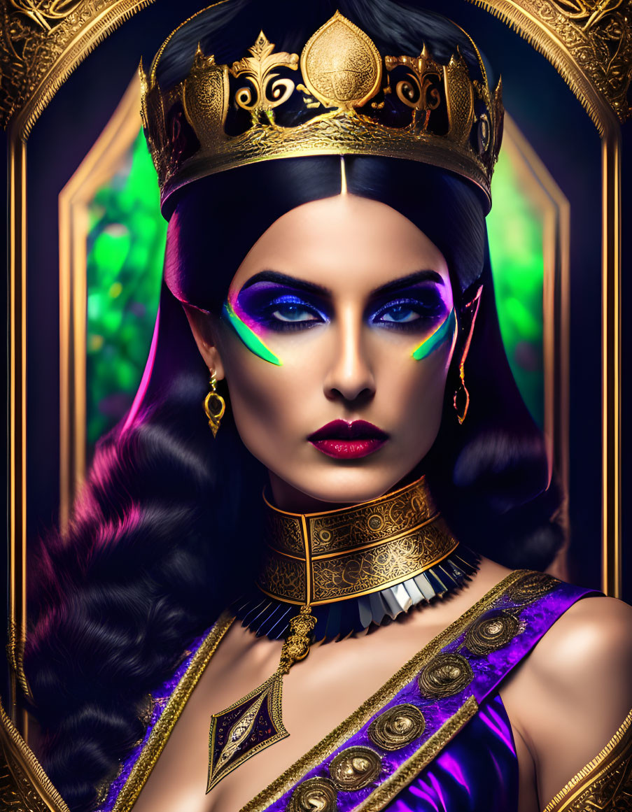 Regal woman with golden crown in purple dress and ornate jewelry