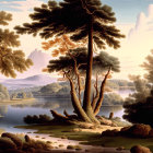 Tranquil landscape painting: serene lake, towering trees, softly lit mountains