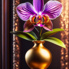 Purple orchid with pink accents in golden vase on ornate dark background