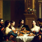 Renaissance painting of seven people at banquet table