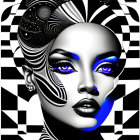 Stylized digital portrait of a woman with blue eyes and monochromatic patterns