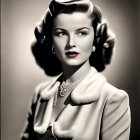 Vintage portrait of elegant woman with pearl necklace and fur-lined coat