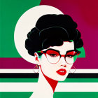 Stylized portrait of woman with dark hair and red glasses on geometric background