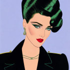 Detailed illustration of woman with dark hair, bold makeup, golden earrings, black outfit with green accents on