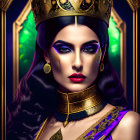 Regal woman with golden crown in purple dress and ornate jewelry