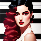 Contrasting Black and Red Hair Woman with Striking Red Makeup on Striped Background