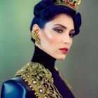 Regal woman with jeweled crown and gold accessories exudes elegance.