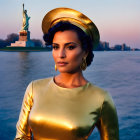 Woman in golden outfit poses with Statue of Liberty at dusk