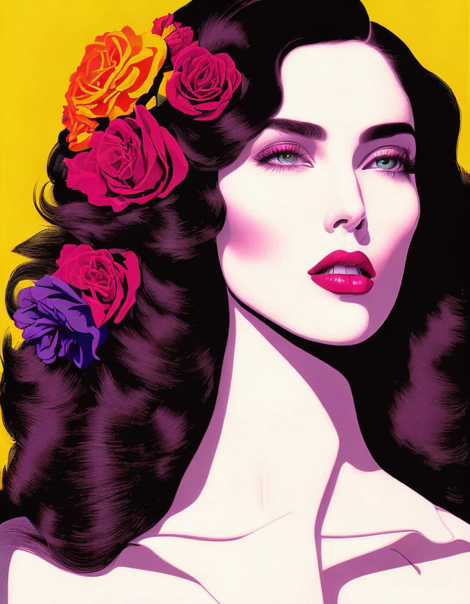 Woman with Dark Hair and Colorful Roses on Yellow Background