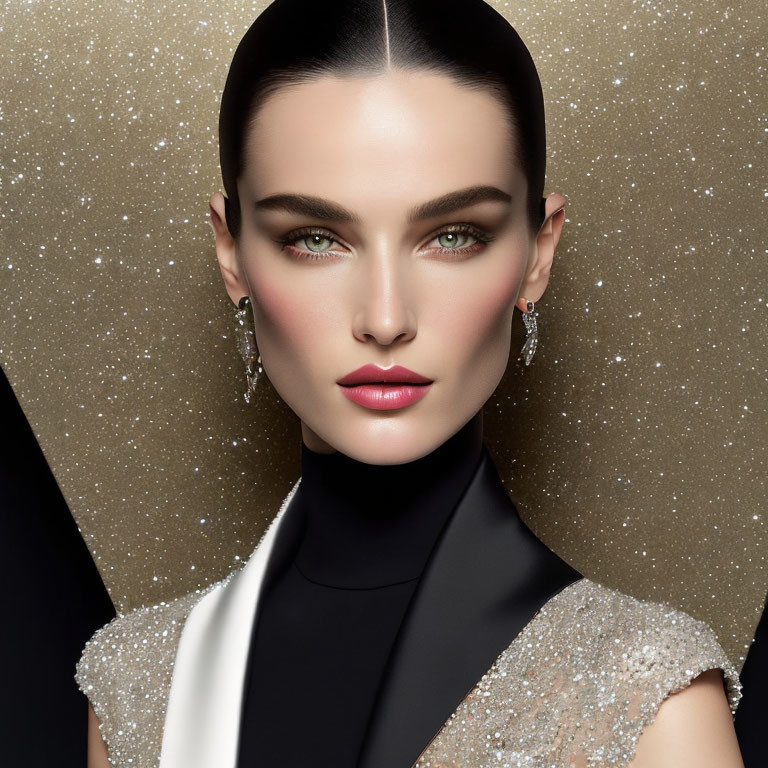 Woman with sleek hair, bold eyebrows, red lipstick, sequined outfit, and sparkling earrings.