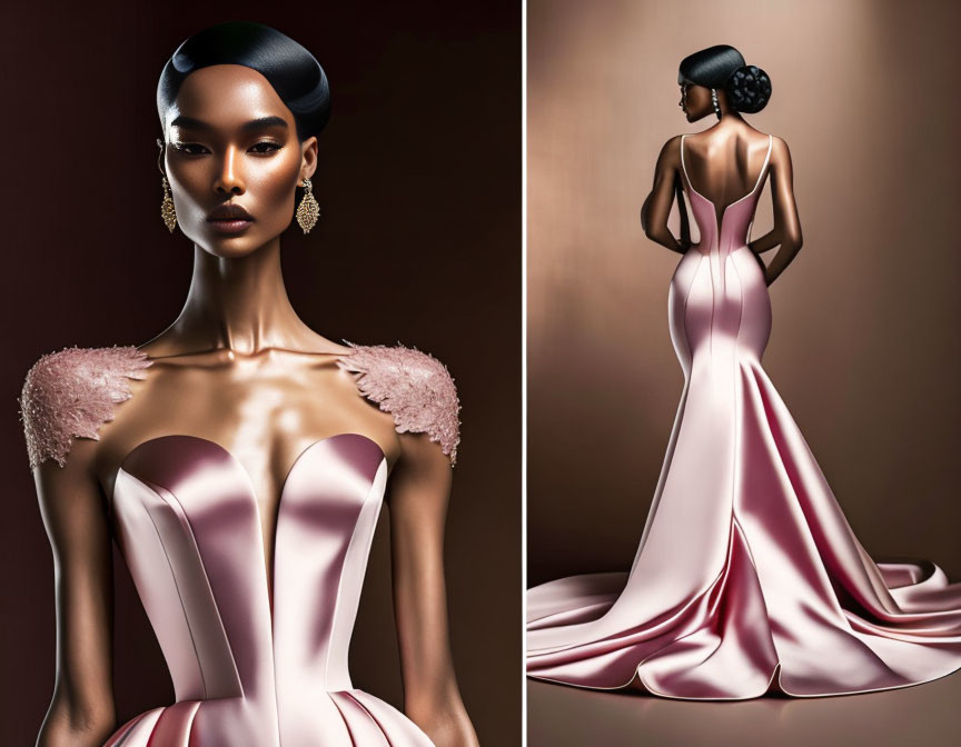 Woman in satin pink gown with plunging neckline, feather shoulder accents.