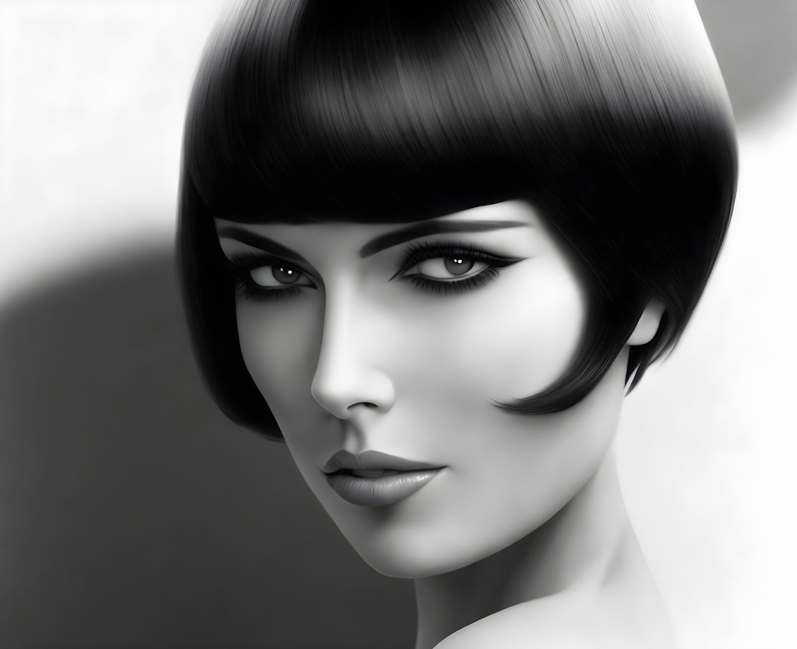 Monochrome digital portrait of a woman with short bob haircut and bold eyeliner