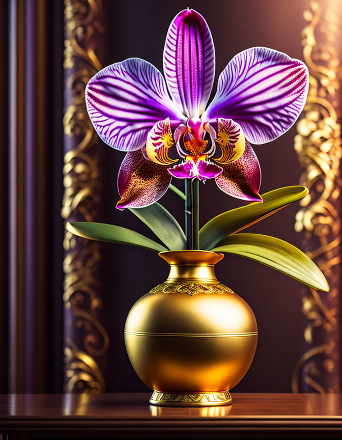 Purple orchid with pink accents in golden vase on ornate dark background