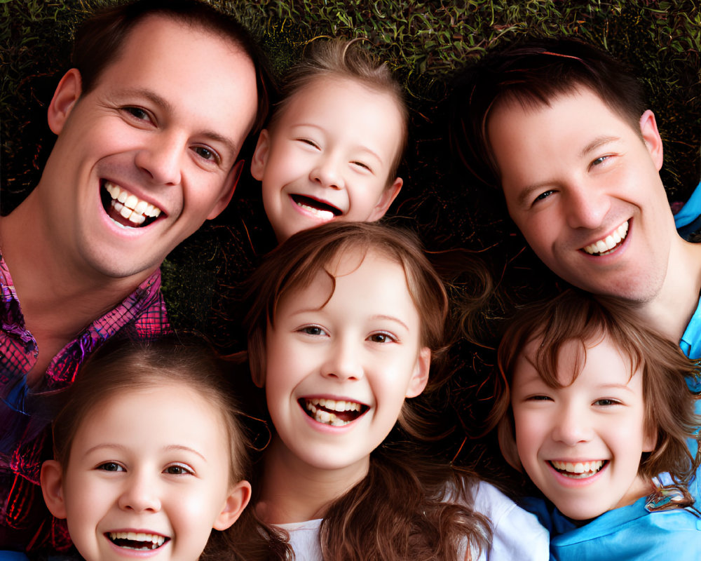 Happy family of two adult males and three young girls lying on grass outdoors