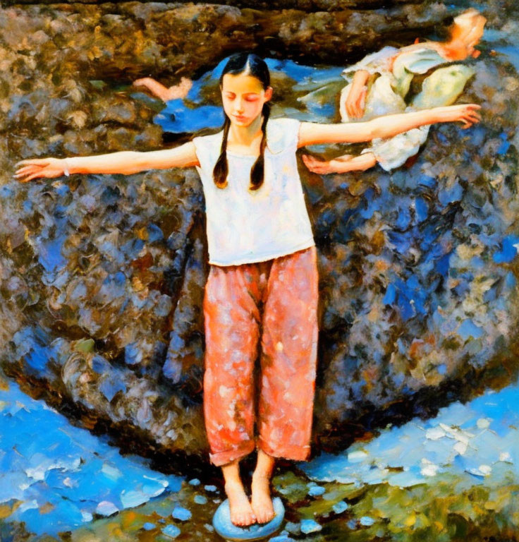 Girl balancing on circular object with outstretched arms in blue rocky scene