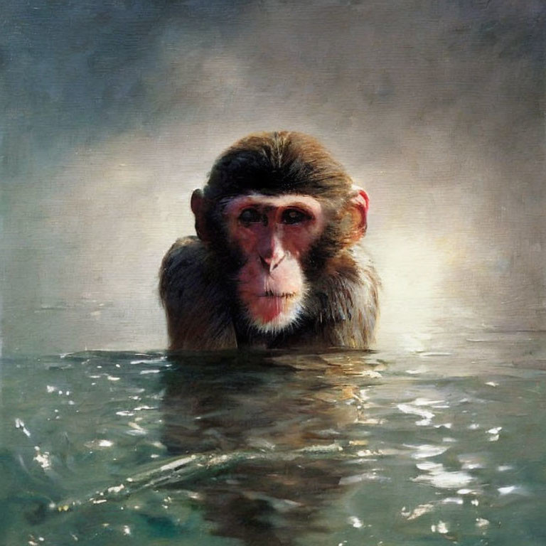 Contemplative monkey painting in water with dark background