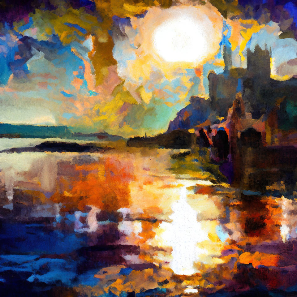 Vibrant sunset painting with reflections, silhouettes, and bright sun