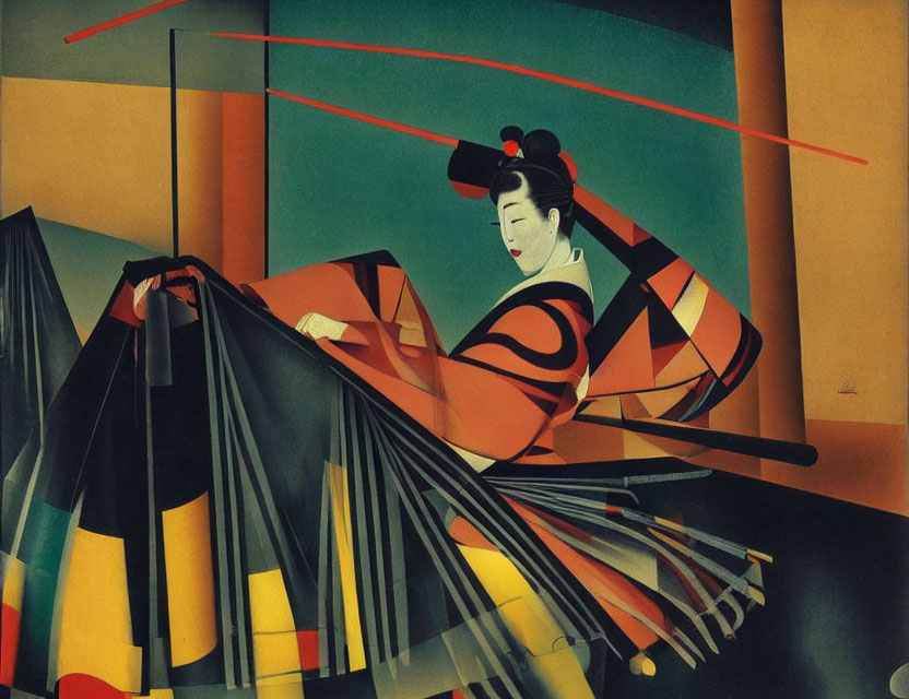 Geisha with intricate hairstyle holding fan in warm earth-toned backdrop