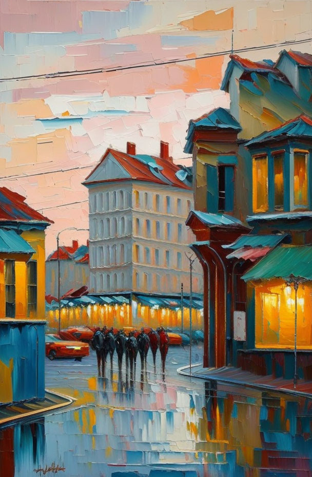 Impressionistic city street painting with buildings and pedestrians