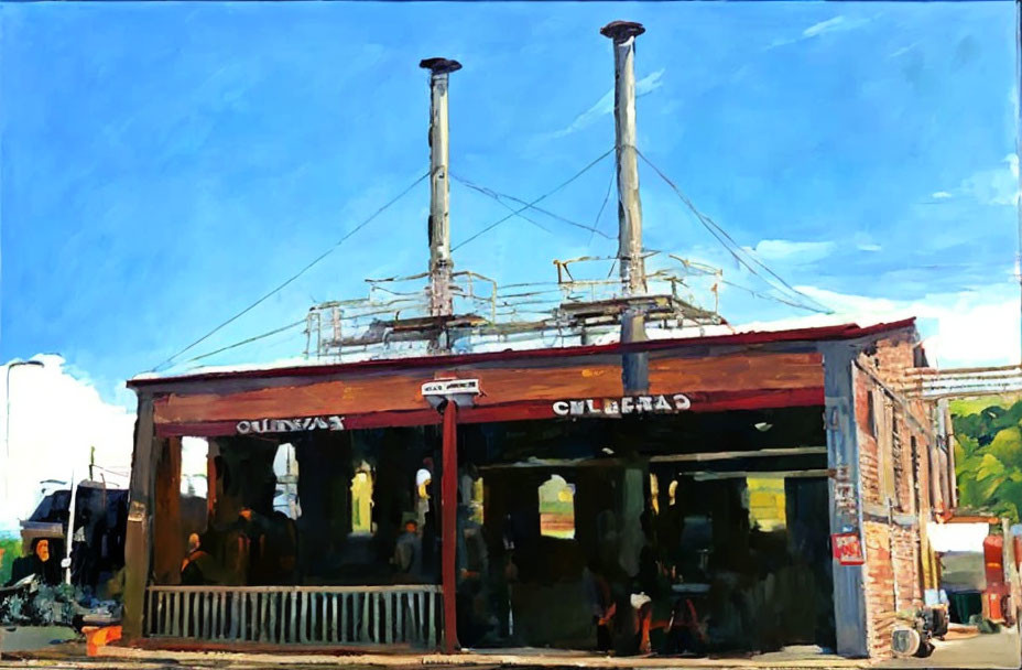 Vibrant corner building with "CHILEGAS" sign under blue sky