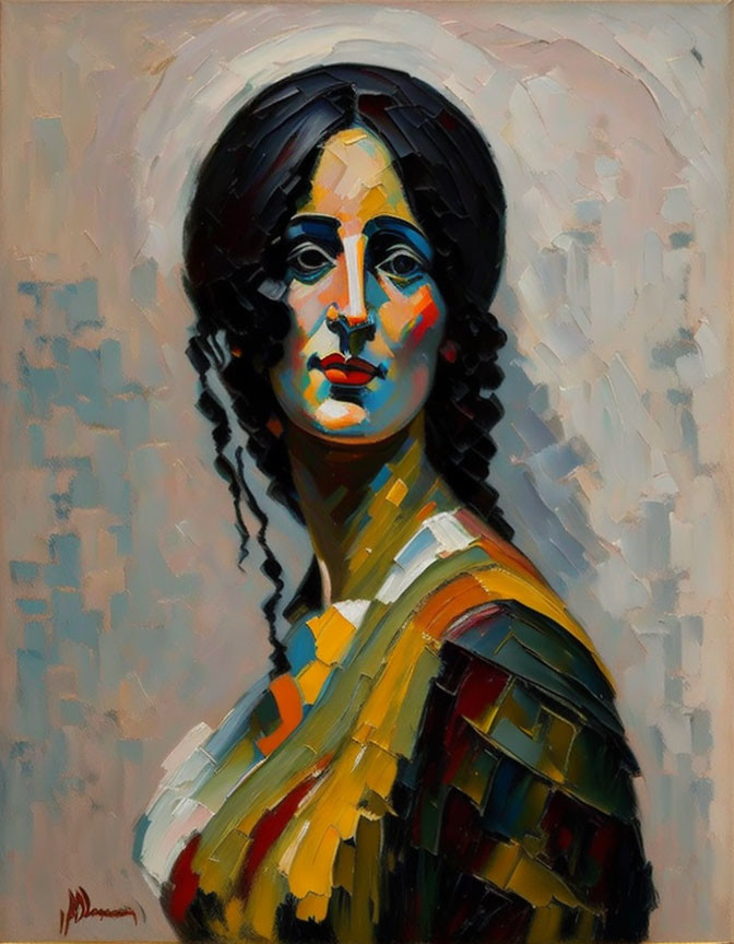 Vibrant expressionist portrait of a woman with dark hair and bold brush strokes